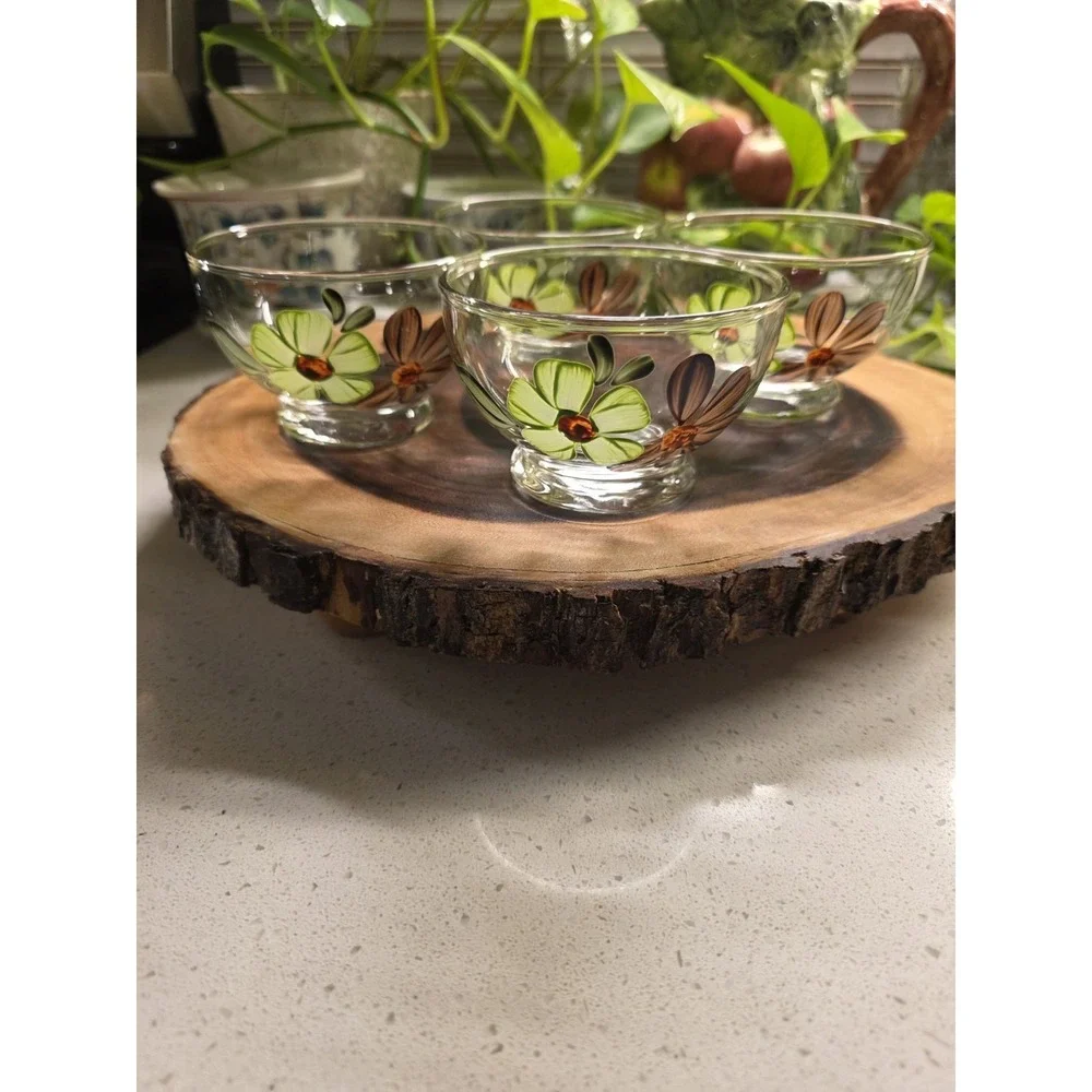 4 VTG BLUE‎ RIDGE POTTERY DAISY SHERBET BOWLS SUN BOUQUET GLASS Green Floral